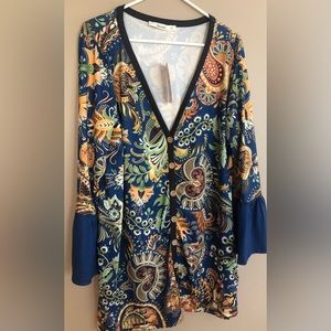 NWT SAKURAFINA Blue &7 Yellow Bell Lng Sleeve Tunic  Size 1X